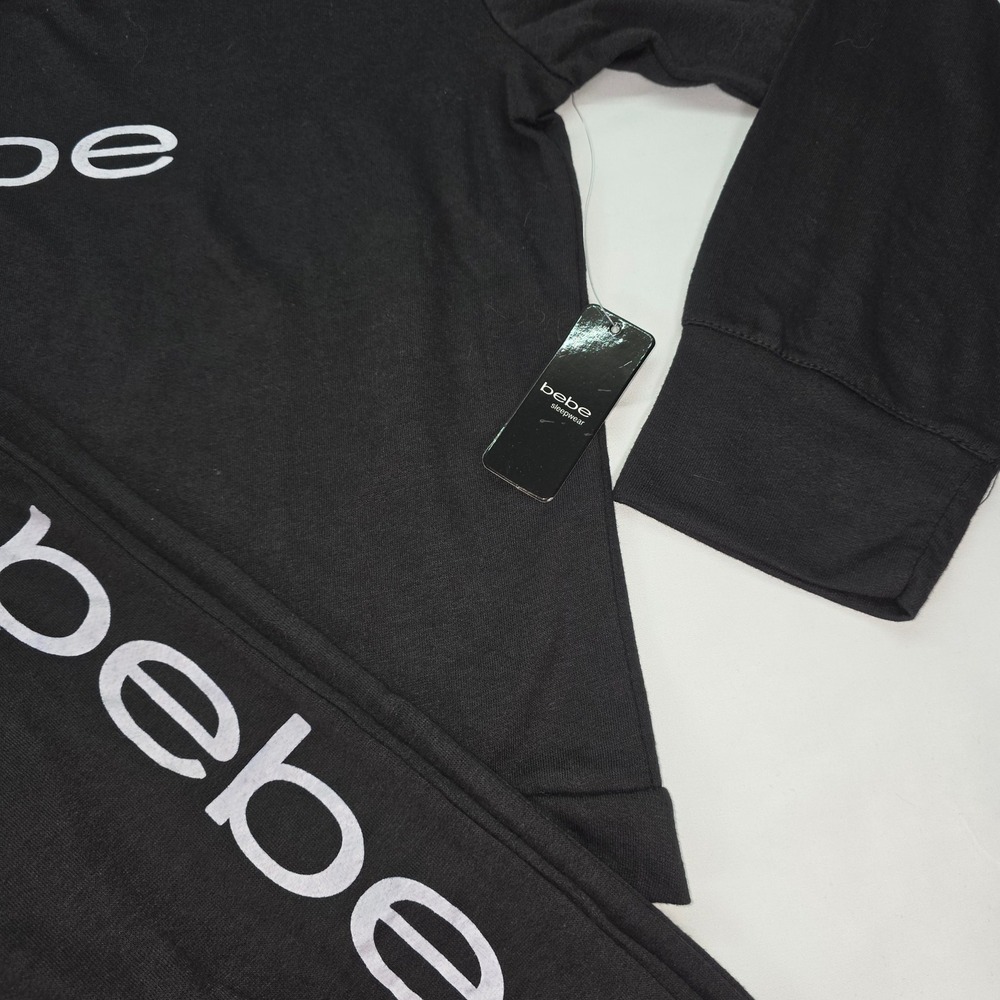 Bebe Sleepwear Women 2 Piece Pajama Set Black Logo Long Sleeve Jogger Medium NWT - Picture 2 of 7
